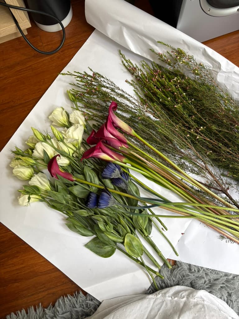 Flowers laid out for arranging