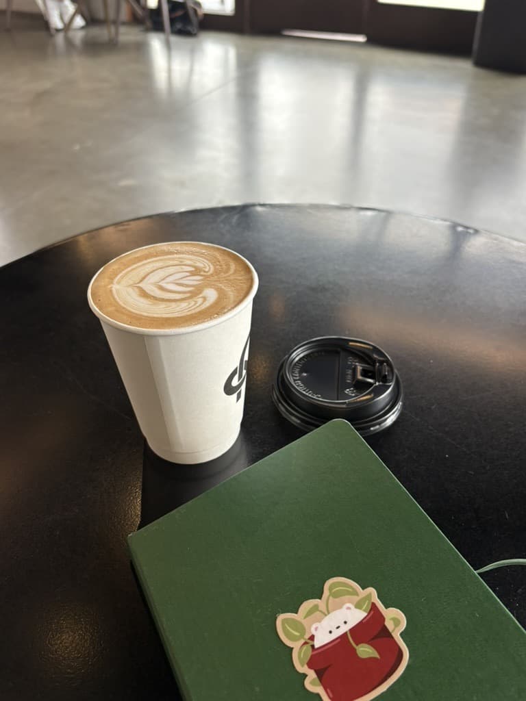 Latte art and a notebook at a cafe