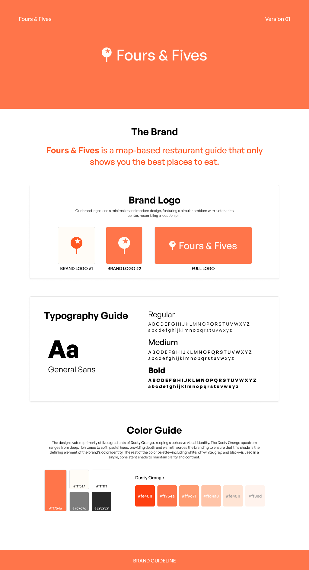 Put together a brand guideline for an internship at Fours & Fives, a food discovery app.